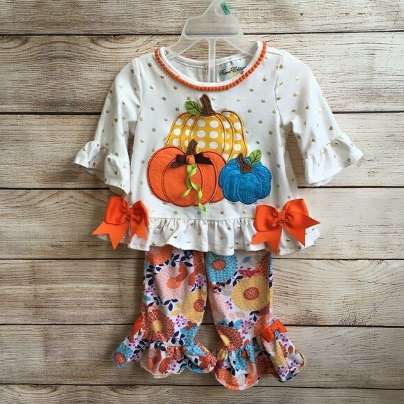 RARE EDITIONS PANTS SET WITH APPLIQUED PUMPKINS - Picture 1 of 7